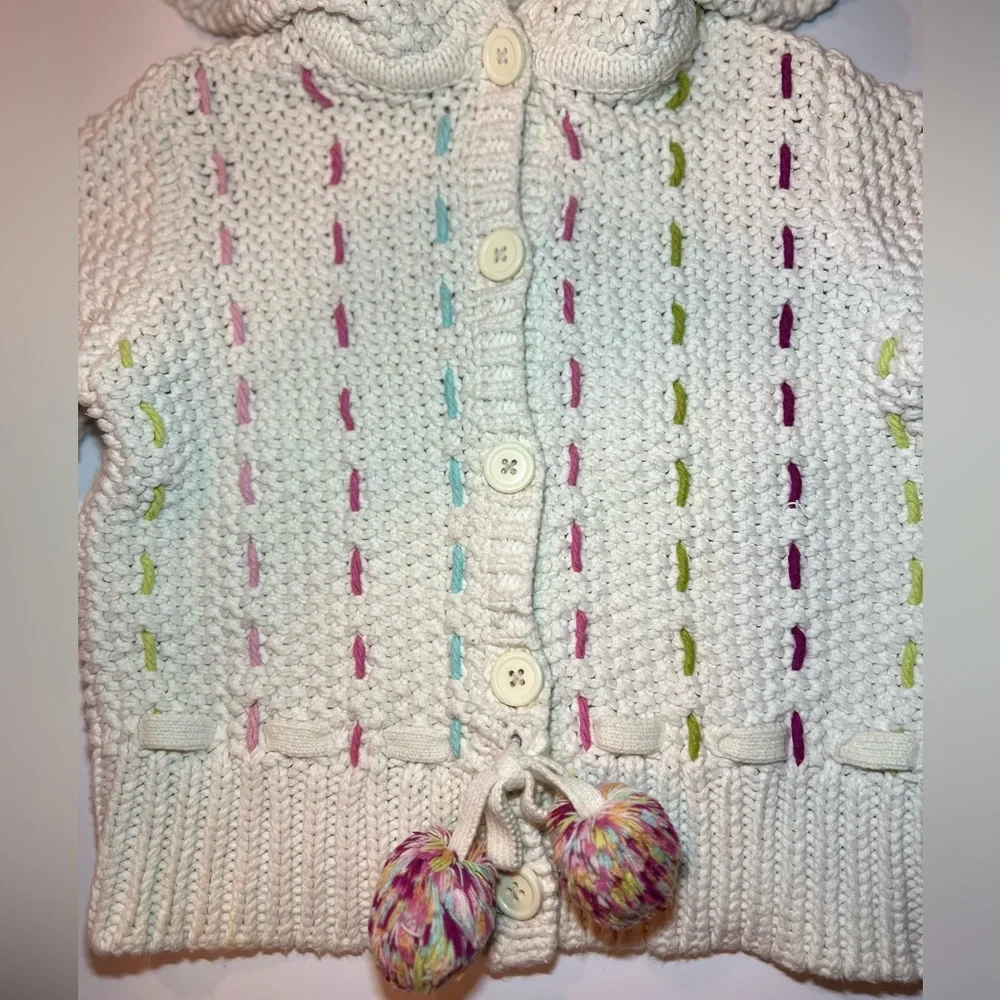Gymboree girl’s button up sweater with pom poms - Cream with pastels - size 5
